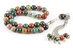 Islamic prayer beads (subha) of moss agate with silver tassel and marker beads